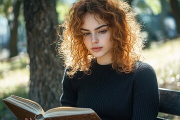 young woman with curly red hair reading an open book outdoors on a bench with thoughtful expression in natural light