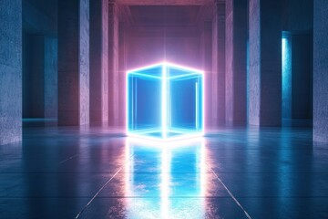 Glowing neon blue cube floating in a large empty room with tall concrete pillars and reflective tiled floor, futuristic and mysterious atmosphere