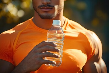 strong man in orange athletic shirt holding a clear plastic water bottle outdoors in soft natural light