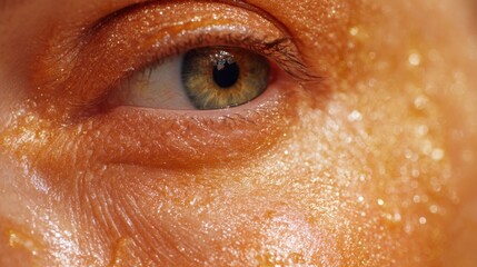Fototapeta premium Close-Up of Human Eye with Glimmering Texture and Golden Sparkles, Highlighting Unique Features and Intricate Details in Natural Light