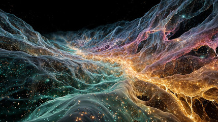 Vibrant Cosmic Waves: Abstract Nebula Light Streams Across Dark Space