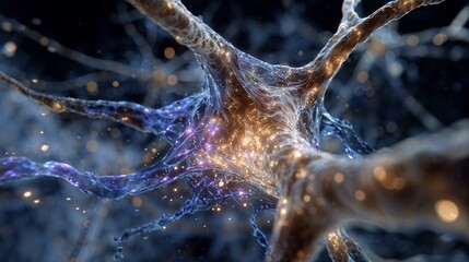 Futuristic Neural Network Web With Glowing Fibers and Energetic Particles, Abstract Blue Orange