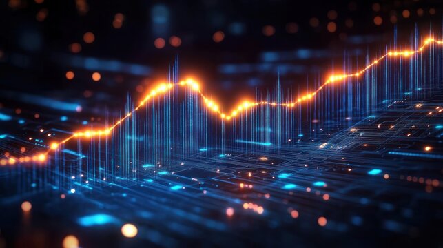 Abstract digital landscape showing glowing data points and an orange trend line rising over a futuristic blue grid with bokeh lighting effects conveying technology and analytics