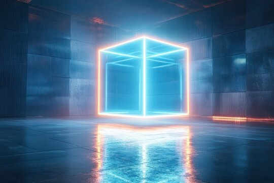 Glowing neon cube floating in a dark empty room with reflective floor and metallic walls emitting blue and orange light