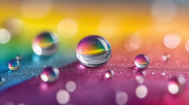 close-up of multiple water droplets on a colorful surface reflecting a spectrum of rainbow colors with soft bokeh background - Powered by Adobe