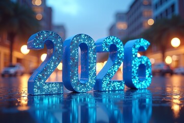 Shiny blue 2026 numbers glow on a wet city street at night, reflecting lights and palm trees in the background festive and futuristic New Years vibe.