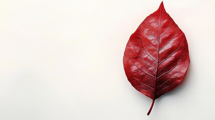 Single deep red autumn leaf with visible veins isolated on plain white background conveying simplicity and calmness