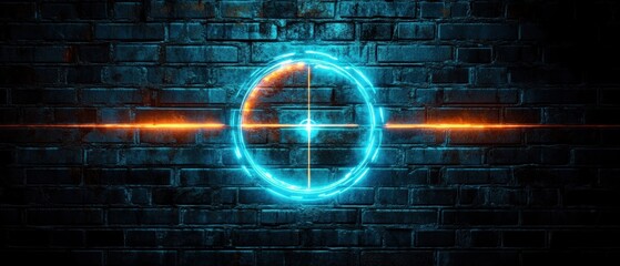 Glowing neon circular target with crosshair lines in blue and orange on dark brick wall background