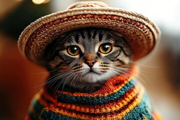 close up of a tabby cat with yellow eyes wearing a woven straw hat and a colorful knitted scarf with orange, teal, and red stripes looking curiously at the camera