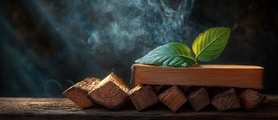 Close-up of smoldering wooden sticks arranged on a rustic surface with green leaves resting on top and wisps of smoke rising in dim light