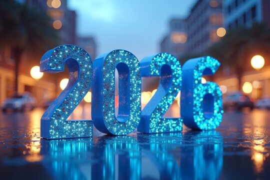 Shiny blue 2026 numbers glow on a wet city street at night, reflecting lights and palm trees in the background  festive and futuristic New Years vibe.