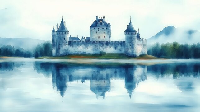 A majestic stone castle with multiple towers reflected in tranquil lake water surrounded by misty forest and distant mountains under a cloudy sky - Powered by Adobe