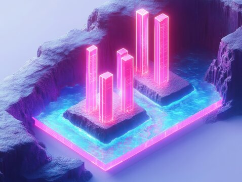 Glowing neon pink futuristic bar chart structures rising from rocky water pools surrounded by cliffs in a surreal digital landscape - Powered by Adobe
