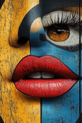 Close-up of colorful graffiti art featuring a woman's face with detailed lifelike eye, red lips, and vivid yellow and blue geometric patterns on textured wooden surface