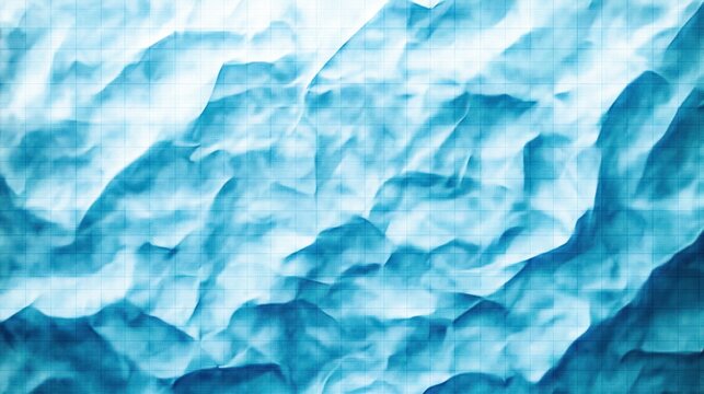 Close-up of crumpled translucent blue graph paper showing creases and grid lines creating textured abstract pattern