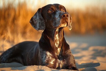 Black and white dog lying on sandy ground with warm golden light in the background looking attentively upwards