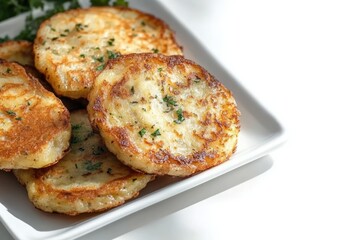 Close-up of golden brown potato pancakes garnished with herbs served on a white square plate