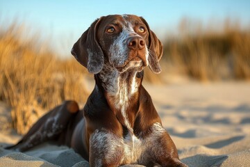 brown and white dog lying on sandy ground with dry grass in background during golden hour
