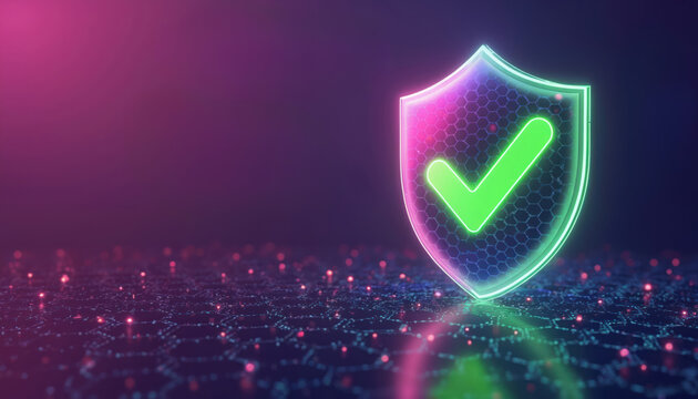 Cyber security shield with green checkmark glows on digital network background. Protects data network and digital assets from online threats. Secure online transactions and user privacy.