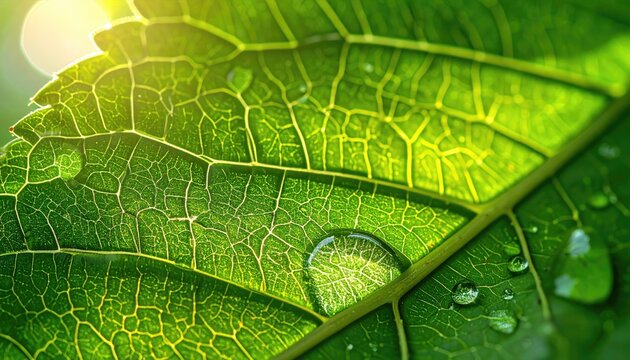 Vibrant Green Leaf Macro With Dew Drops Illuminated By Golden Sunlight Natural Texture And Veins Visible Soft Bokeh Background
