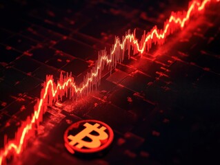 Bright red digital line graph showing rising trend with bitcoin symbol on dark futuristic grid background conveying growth and dynamic movement