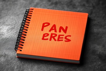 Orange grid notebook with spiral binding displaying the word 'PAN ERES' handwritten in red on a textured dark surface