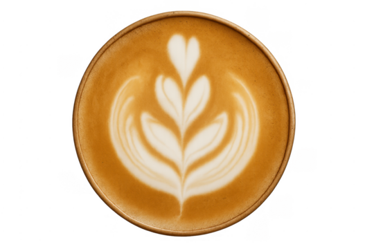 Coffee drink showing latte art rosetta on transparent background
