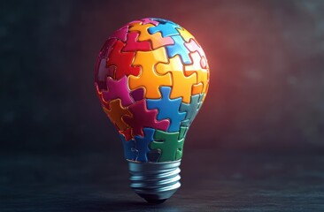 Colorful light bulb made of interlocking jigsaw puzzle pieces symbolizing creativity and innovative thinking against a dark blurred background