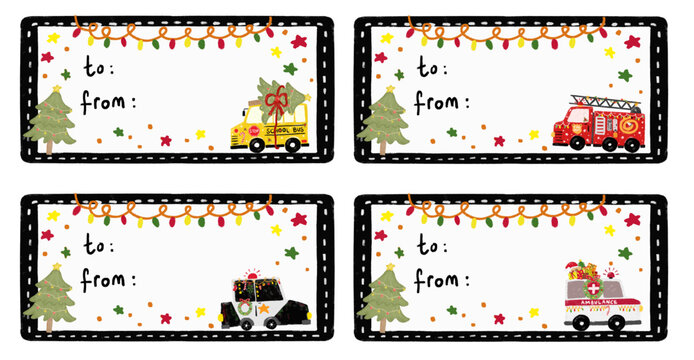 Set clipart collections of blank empty kids template christmas gift label tag stickers with community cars vehicle transportation themes watercolor crayon doodle hand drawn illustration design