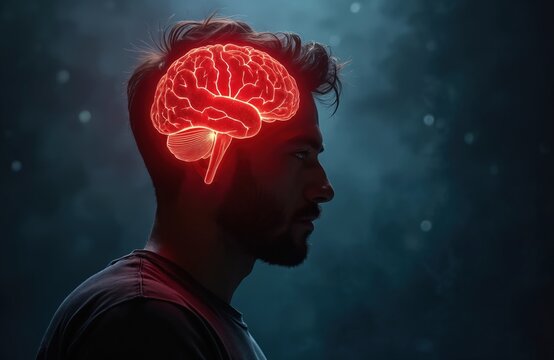 Man with glowing red brain in profile. Abstract visualization of deep thought and intellect. Mind power, consciousness, and intelligence concept.
