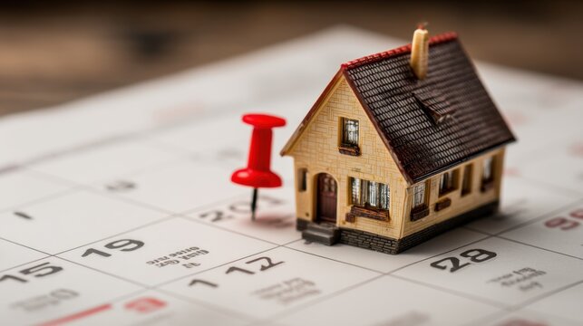 Miniature house placed on a calendar with a red push pin marking a specific date for real estate planning or event scheduling - Powered by Adobe