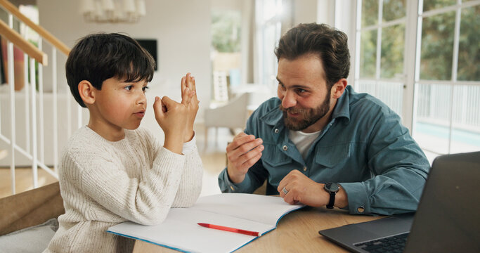 Homeschool, parent or child in house with counting, number lesson or support for academic development. Education, tech or family at table with laptop, math homework or guidance in remote learning.