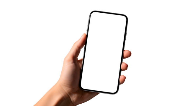 Hand holding a smartphone with a blank white screen isolated on transparent background