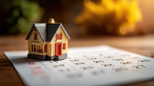 Miniature house model on a calendar page symbolizing real estate planning, homeownership goals, and the importance of time in property investment decisions