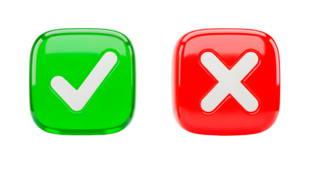 Green check mark and red cross isolated on transparent background