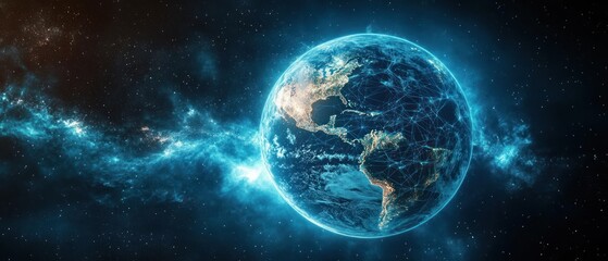Glowing earth in space with illuminated continents and global digital network connections against a starry cosmic background evoking technology and unity