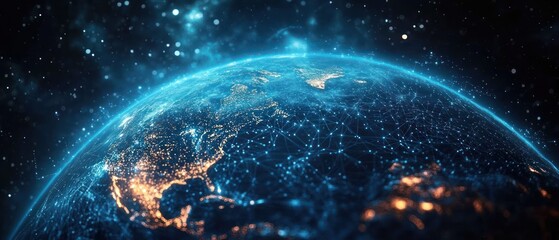 Obraz premium View of planet Earth from space at night showing illuminated continents and a network of connected blue glowing lines symbolizing global communication and technology