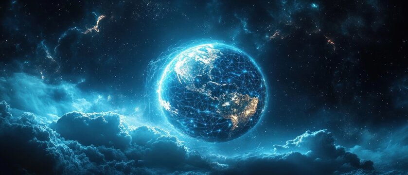 Glowing digital Earth network with illuminated continents floating above glowing clouds in deep space filled with stars and cosmic light - Powered by Adobe