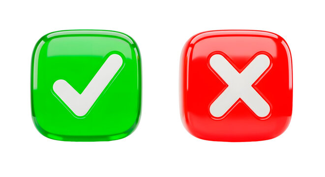 Green check mark and red cross isolated on transparent background