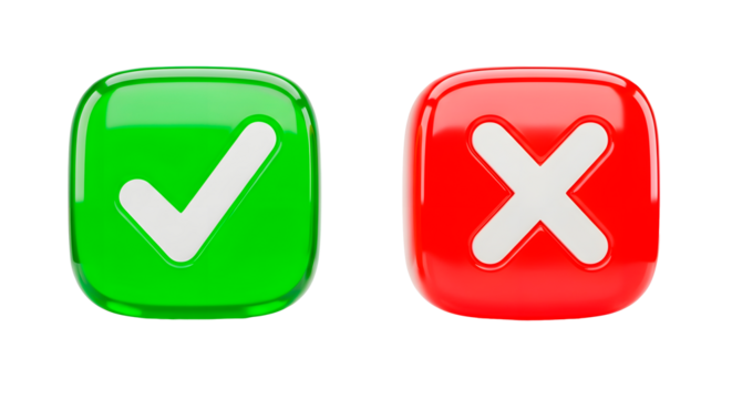 Green check mark and red cross isolated on transparent background