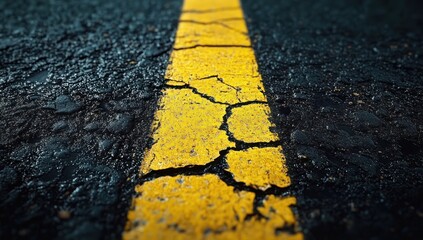 Close-up view of cracked yellow road line on textured dark asphalt surface showing wear and aging