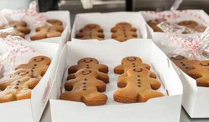 Boxes filled with smiling gingerbread men cookies neatly arranged and ready to be gifted or served