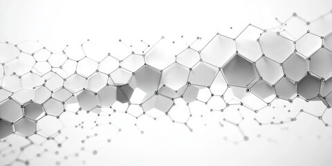 Abstract molecular structure with connected hexagonal and pentagonal shapes in a gray gradient floating on a white background conveying scientific and futuristic technology concepts