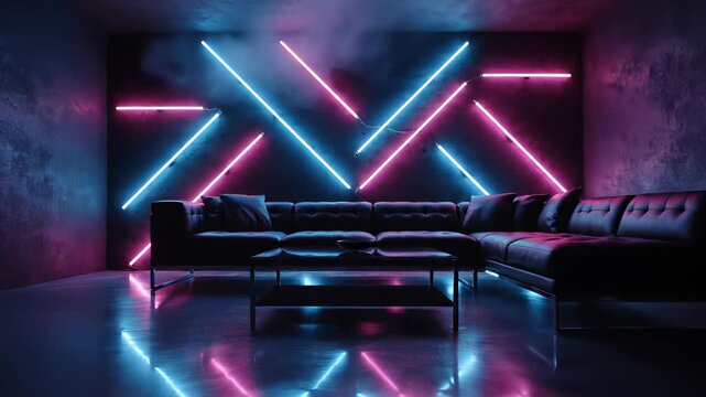 Modern room design concept featuring sleek couch and coffee table in neon lit setting, perfectly capturing the essence of innovative living spaces and futuristic thinking for use as a background.