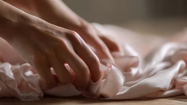 Closeup of hands gently folding soft silk fabric on a wooden table highlighting the smooth texture and delicate care in handling luxurious material.