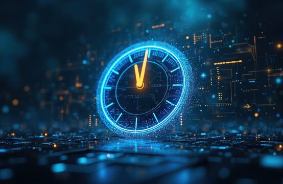 Digital clock glows blue on abstract tech background with circuits, lights. Time concept with futuristic elements. Deadline planning theme. Countdown speed idea. Watch face on circuit board. Tech - Powered by Adobe