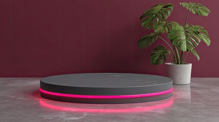Pink-Lit Gray Round Display Stand With Monstera Plant