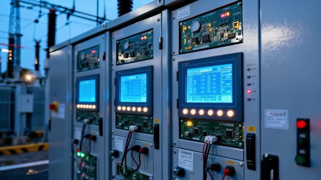 Medium shot focused on digital control panels at a city substation highlighting advanced monitoring and automation technology.