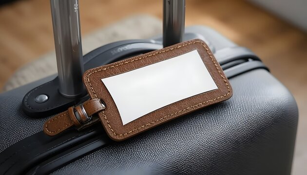 Stylish luggage with a blank leather tag for a personalized touch, perfect for travel blogs, packing tips, and modern travel accessories promotion