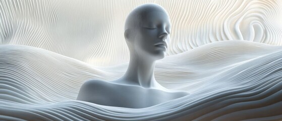 Serene abstract human figure immersed in smooth flowing wave-like layers with a calm peaceful expression and closed eyes